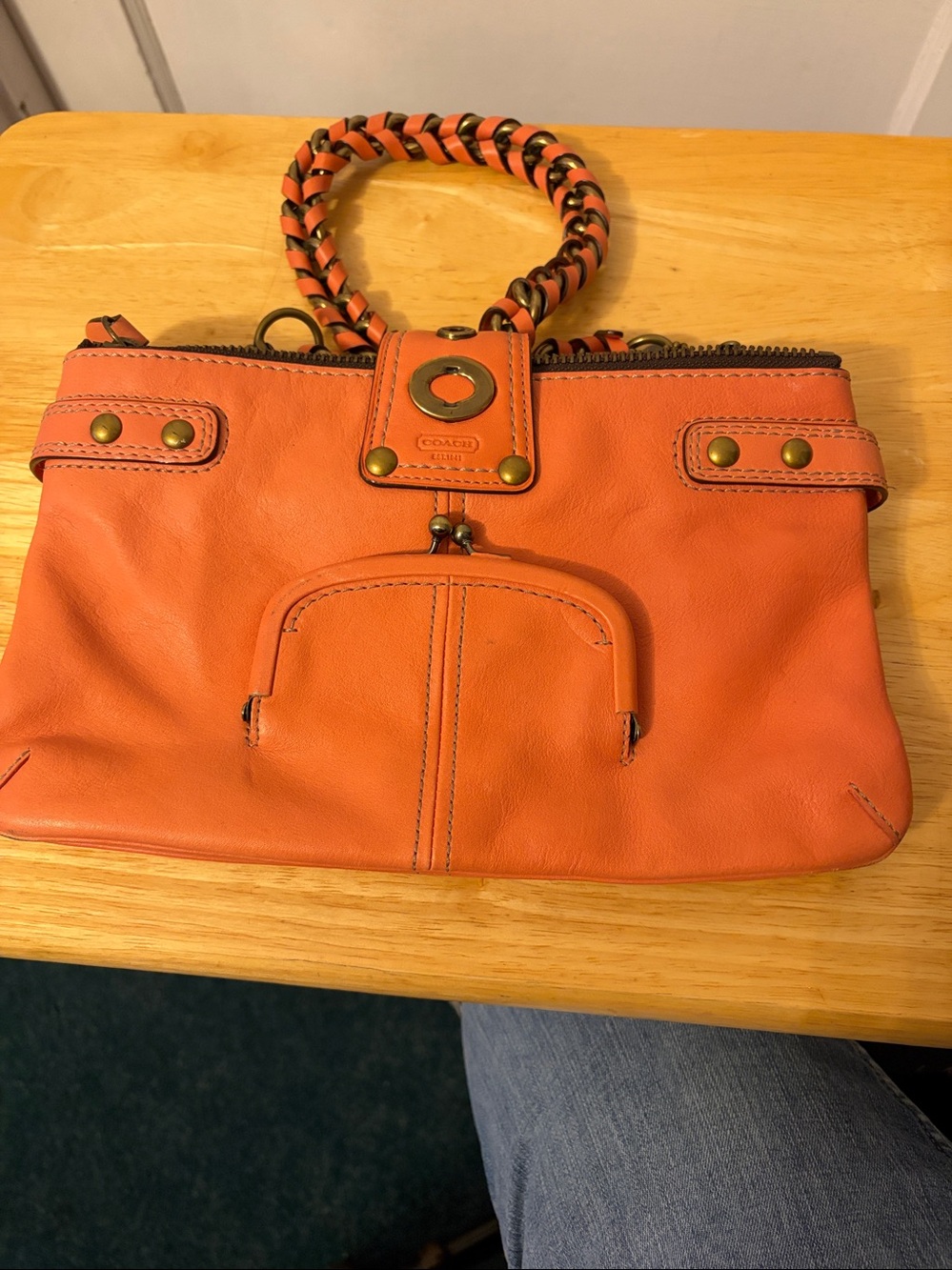 Orange Leather Shoulder Bag with Brass Hardware - Picture 2 of 5